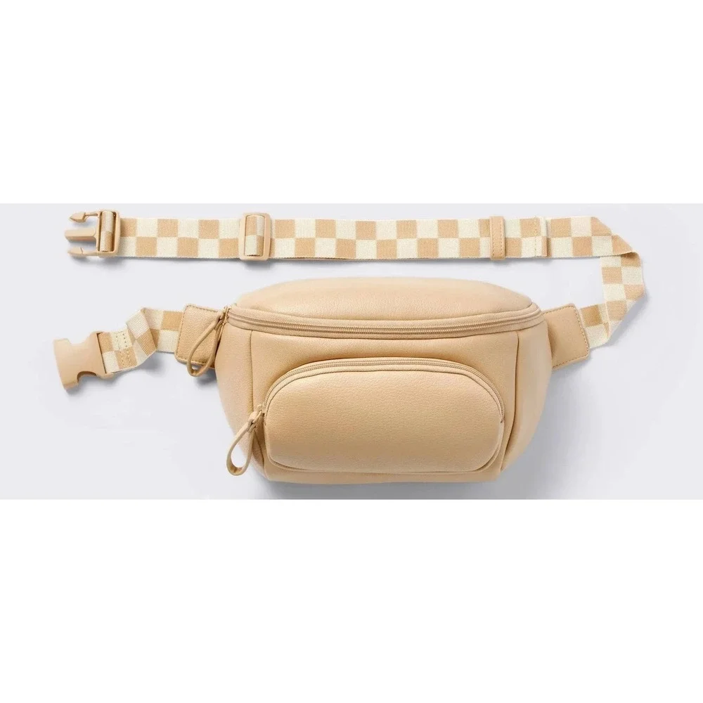 Cloud Island Tan Faux Leather Diaper Fanny Pack Waist Bag Checkered Strap NEW